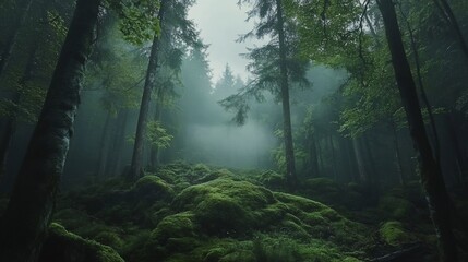 Obraz premium Misty forest path with moss covered rocks.