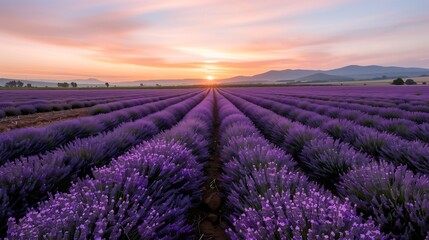 Obraz premium A dreamy shot of a lavender field in full bloom, rows of purple flowers stretching into the horizon, beautiful nature wallpaper 