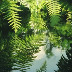 Lush ferns reflecting in tranquil water