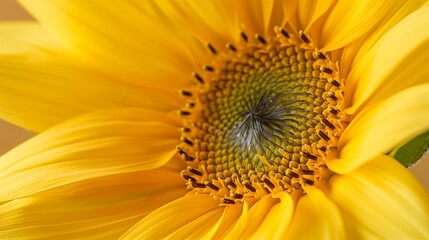 A mesmerizing close-up of a bright yellow sunflower, intricate details of the seed pattern in the center, beautiful nature wallpaper 