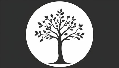 Simple Silhouette of a Tree in a Circle on Black Background