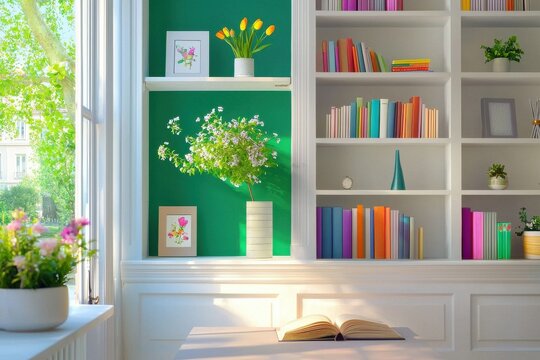 Bright Colorful Office Bookshelf And Fresh Plants Creating An Inviting Space For Online Presentations In A Modern Home Setting