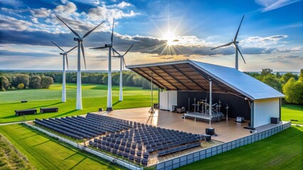 Open-air stage nestled amidst a verdant landscape, powered by sustainable energy sources, ready for a memorable performance under a vibrant sky.