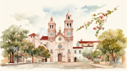 Obraz premium Watercolor Illustration of Church in Lima on August 24th