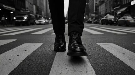 man walking in black dress shoes on city street crosswalk, showcasing urban life and style. monochrome effect adds dramatic touch to scene