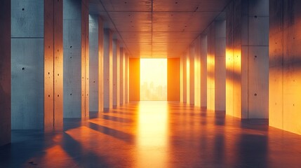 Spacious modern hallway with concrete pillars illuminated by warm sunset light, leading to a cityscape view. Architectural design and urban tranquility concept