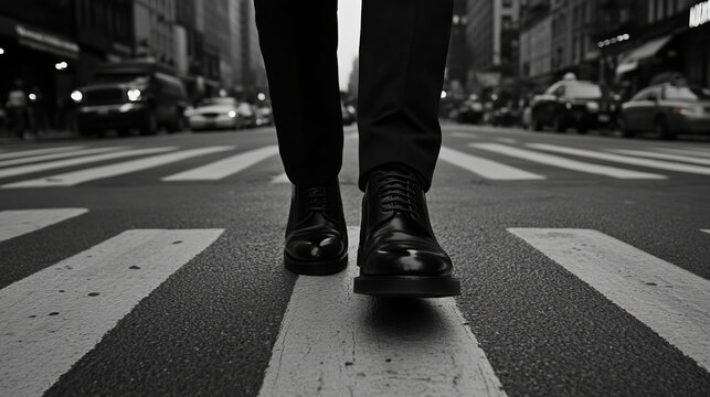 Fototapeta man walking in black dress shoes on city street crosswalk, showcasing urban life and style. monochrome effect adds dramatic touch to scene