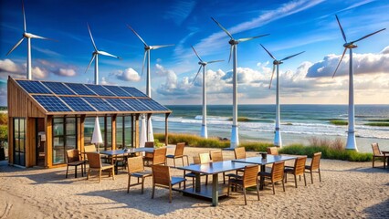 Fototapeta premium Coastal Relaxation Sustainable Seaside Pavilion with Ocean Views and Renewable Energy Sources