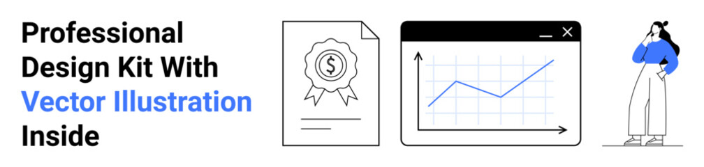 Certification document with badge, upward-trending data graph in browser window, and pensive character pose. Ideal for business, analytics, personal growth, creativity, education, success flat