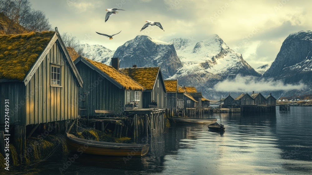 Aufkleber charming coastal village with wooden houses and mountains in serene reflection during daytime. gener