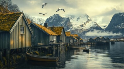 Fototapeta premium Charming coastal village with wooden houses and mountains in serene reflection during daytime. Generative AI