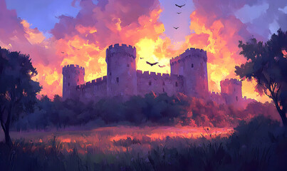Fototapeta premium Majestic castle at sunset, fiery sky, birds in flight, idyllic landscape.