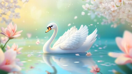 A cartoon swan gliding gracefully on a serene lake with blooming flowers around