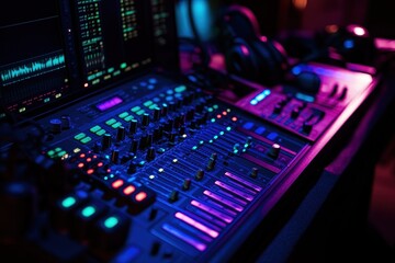 Wide shot of podcasting and streaming audio gear including a professional microphone mixer and headphones in a studio for quality recordings