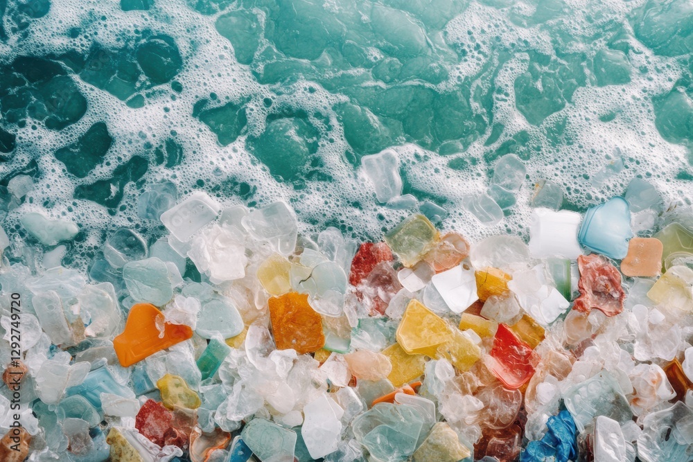 Poster close up view of colorful plastic fragments among ocean waves highlighting pollution issues in marin
