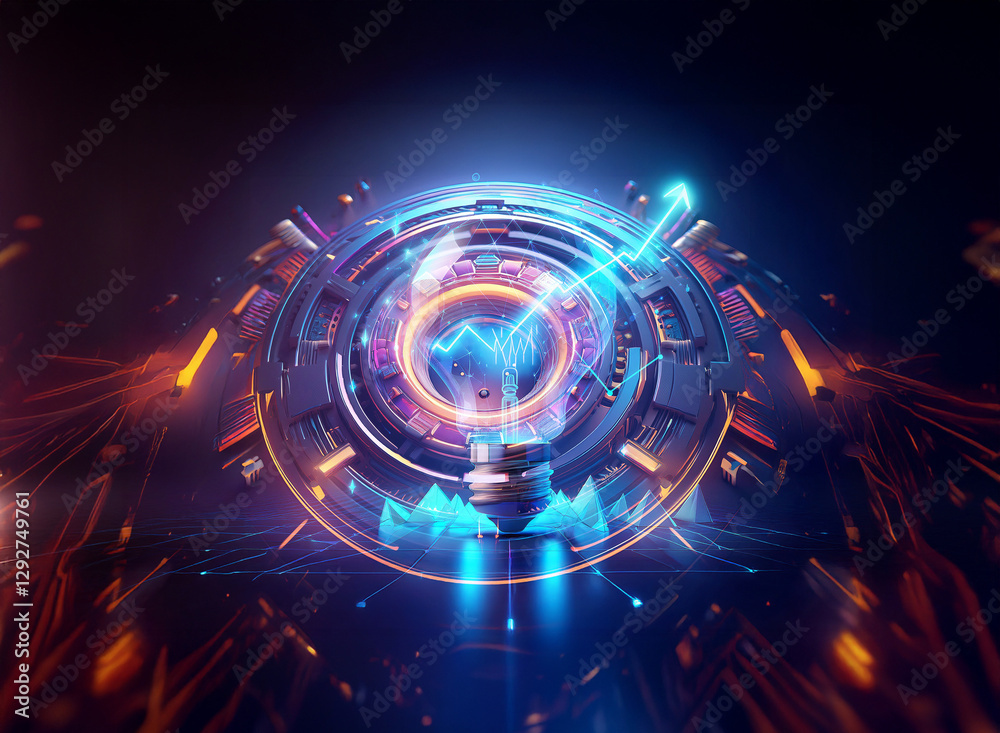 Poster futuristic abstract tech with glowing lines and pulsating core. double exposure effect creates a vib