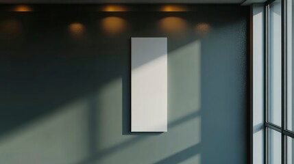 3D render of a simple white vertical rectangle mockup hanging on a green wall, in a modern room with ceiling lights, an aesthetic background, and a minimalistic design