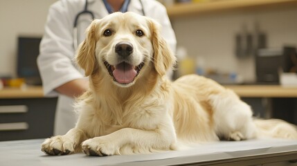 Veterinary Checkup for Golden Retriever Animal Clinic Pet Care Indoor Close-up Health Awareness