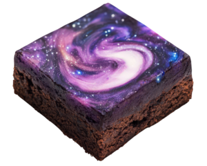 cosmic galaxy brownie with shimmering purple and blue swirls, resembling starry night sky. This dessert is visually stunning and perfect for space themed events