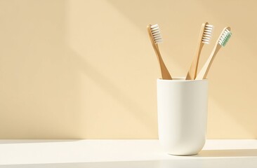 Three wooden toothbrushes with white bristles standing in white glass against beige wall. Concept of environmental friendliness