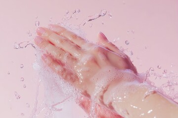 Obraz premium Woman s hand being washed against a white backdrop