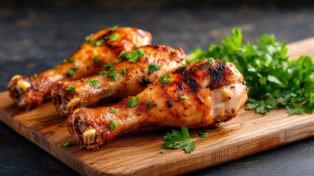 Grilled chicken drumsticks on a wooden board