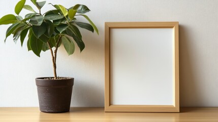 A photo of an empty wooden frame mockup, standing on the floor next to a potted plant with a white wall background. A square-shaped frame stands upright against a plain white wall.