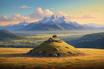 Fototapeta premium painting of a mountain landscape with a grassy hill and a lone tree