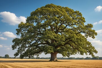 there is a large tree in a field of wheat