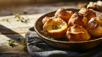 Golden Yorkshire Puddings in Afternoon Sunlight with Rustic Styling