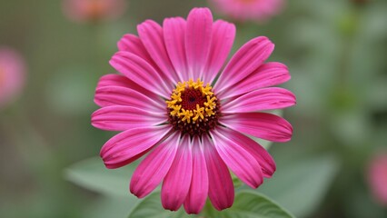 Obraz premium Vibrant Pink Zinnia Flower Close-Up in Soft Focus Garden Setting