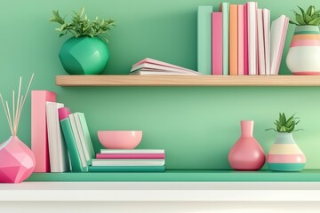 Bright Colorful Shelves With Books And Vases, Creating A Cozy Yet Modern Zoom Background In A Home Office Environment