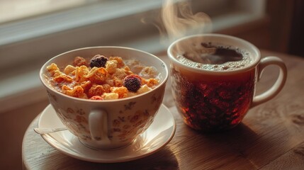 Warm Breakfast Bowl with Cereal and Coffee on Wooden Table
