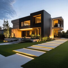 Modern home exterior illuminated walkway at twilight