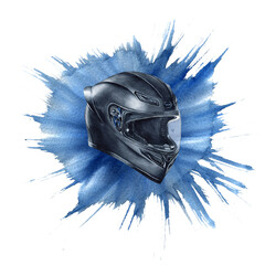 Motorcyclist helmet with transparent visor on blue watercolor splash. Crash helmet for biker. Moto gear. Illustration isolated from background. Motorcycle day. For poster, textile, logo, moto shop © Yulia Kapura