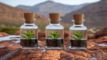 Three glass bottles with cork lids containing small green plants on rocky terrain.