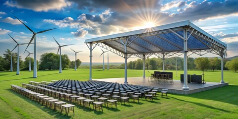 Naklejka premium Sustainable Amphitheater with Solar Power and Wind Turbines in a Green Field