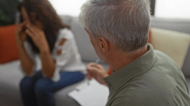 Man talking to woman in living room, showing emotional counseling session at home highlighting support and communication.