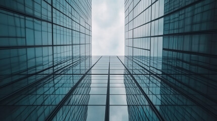 Fototapeta premium Modern glass buildings create striking urban landscape, showcasing reflections and symmetry. view from below emphasizes height and architectural design