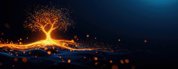 A glowing tree made of luminous particles against a dark background, symbolizing growth, life, and energy.