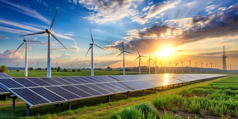 A picturesque sunset illuminates a vast renewable energy farm, showcasing the harmonious coexistence of solar panels and wind turbines in a vibrant green landscape.