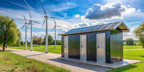 Sustainable Energy Structure with Solar Panels and Wind Turbines in a Picturesque Setting