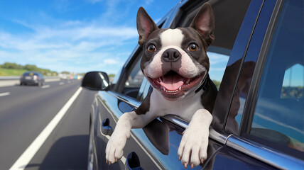 Happy dog looking out of car window during a sunny road trip  