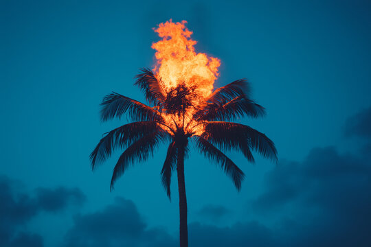 Palm tree engulfed in bright flames against a deep blue evening sky