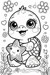 Fototapeta premium Happy Baby Turtle Surrounded by Blossoming Flowers in a Beautiful Garden Black Line Drawing for Kids Book or Fun Childrens Activity Page Drawing Illustration with Heart and Flowers Garden