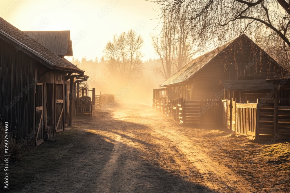 Aufkleber dusty morning light illuminates a quiet farm path with wooden barns and trees lining the way. genera