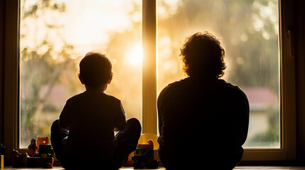child and adult sit together in silhouette, watching sunset through large window. warm light creates serene atmosphere, evoking feelings of connection and tranquility