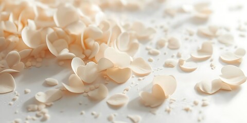 Fototapeta premium A creamy white background with heart-shaped confetti scattered softly glowing across the scene