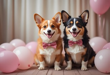 Two adorable Corgi puppies wearing bow ties sit among pink balloons, creating a charming and celebratory portrait, perfect for festive occasions.