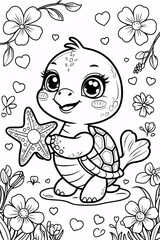 Fototapeta premium Playful Baby Turtle with a Big Smile Surrounded by Colorful Flowers Black Line Art Drawing for Kids Book or Fun Coloring Page Drawing Illustration with Heart and Flowers Garden